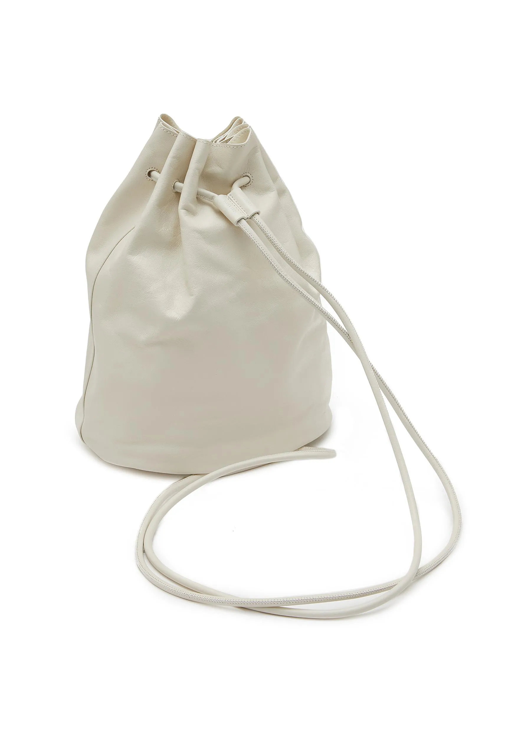 -----------NOTHING WRITTEN ---- ------------WHITE ----Large Drawstring Leather Bucket Bag --