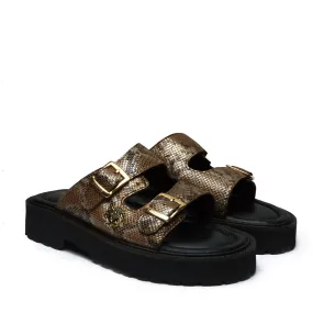 Adjustable Buckle Leather Slipper in Snake Skin Textured