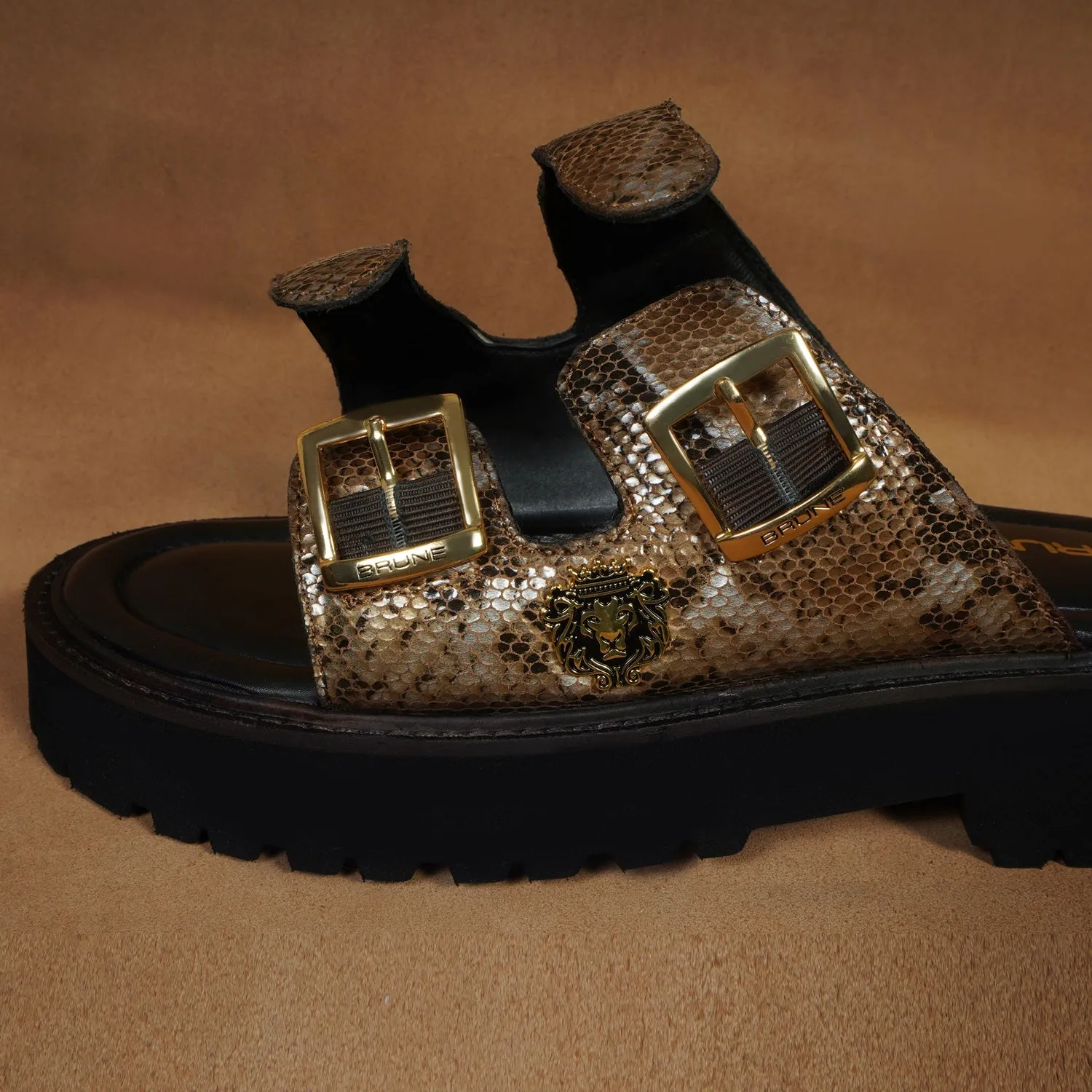 Adjustable Buckle Leather Slipper in Snake Skin Textured