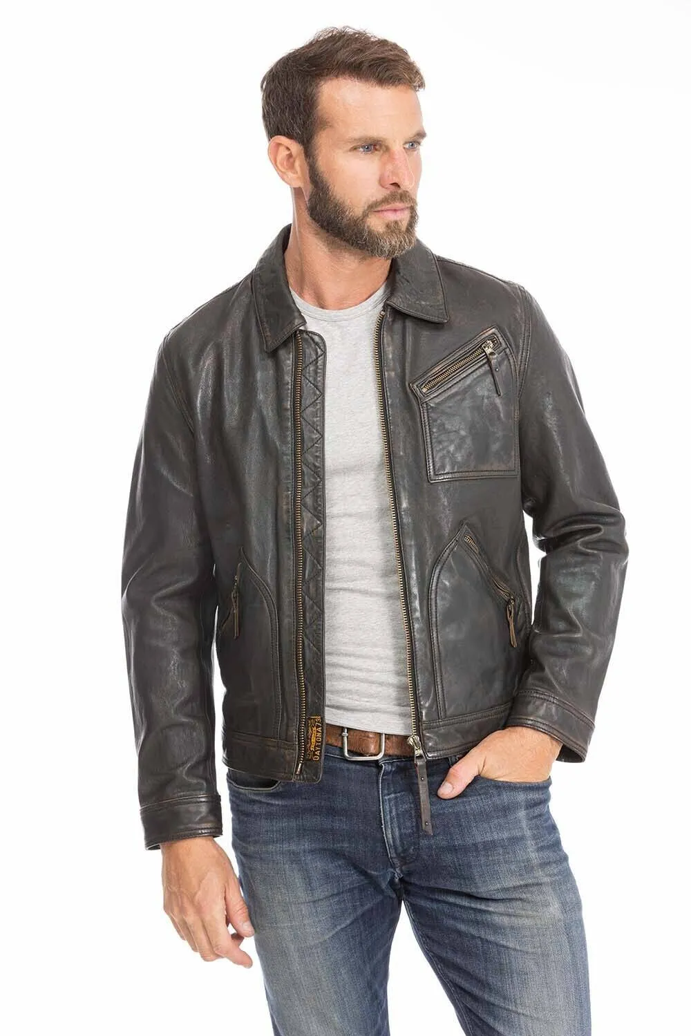 Aged black lambskin men's leather jacket 102564