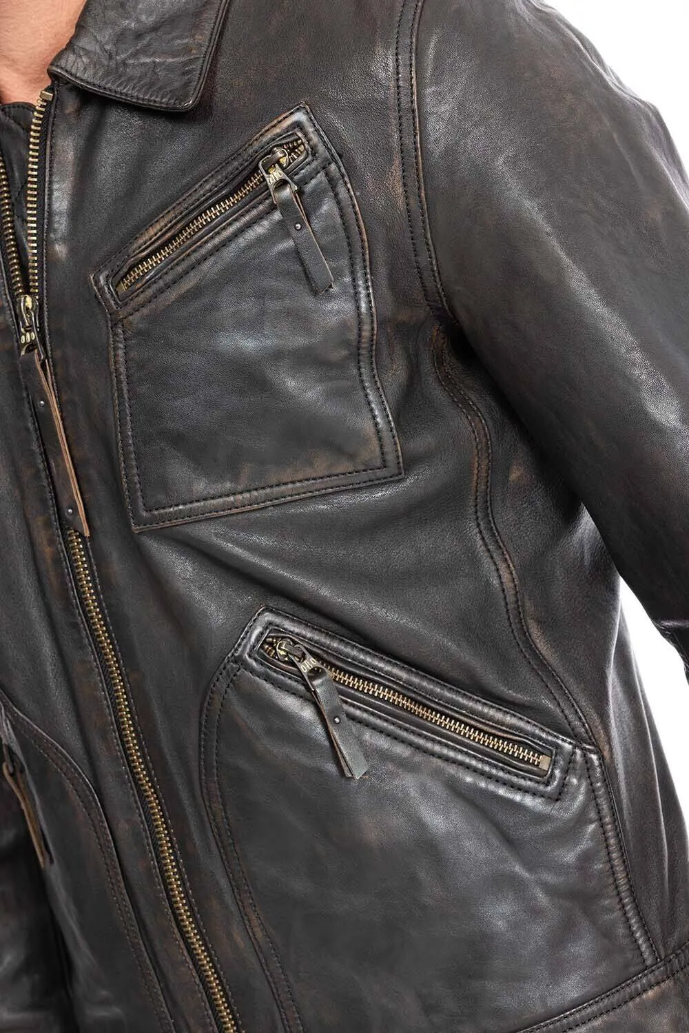 Aged black lambskin men's leather jacket 102564