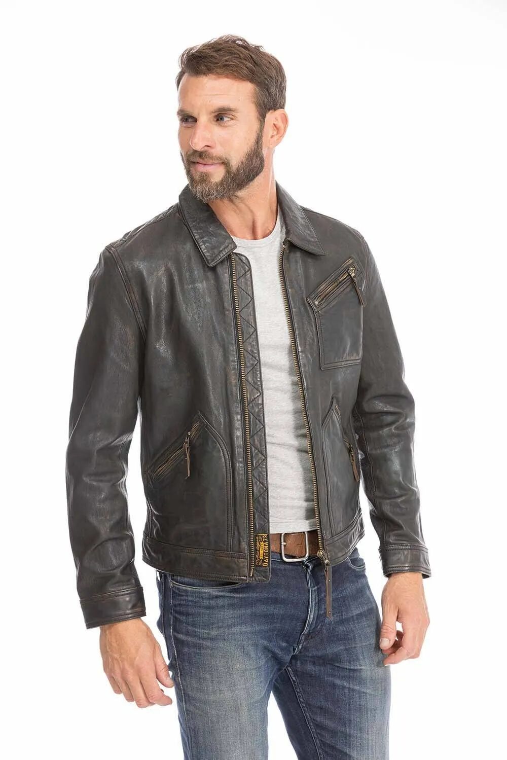 Aged black lambskin men's leather jacket 102564