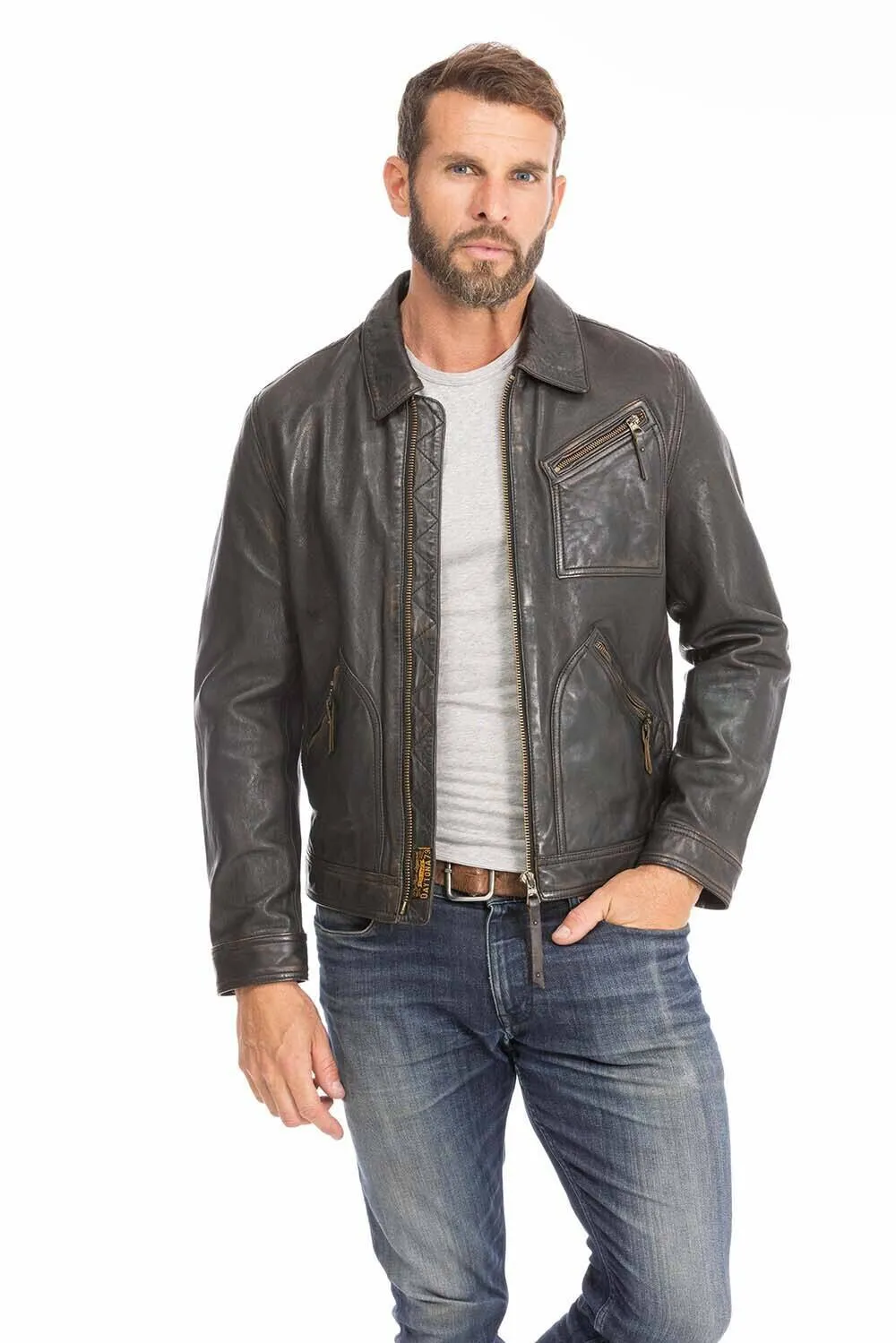 Aged black lambskin men's leather jacket 102564