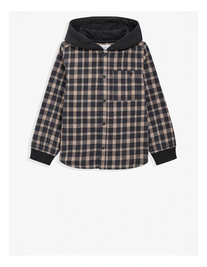 Australian Cotton Check Hooded Shirt in Black