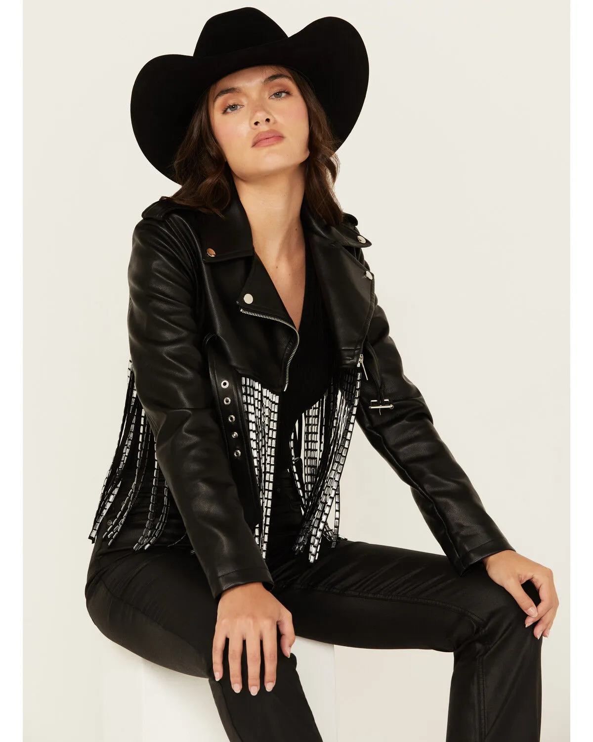 Azalea Wang Women's Jette Cropped Fringe Moto Jacket