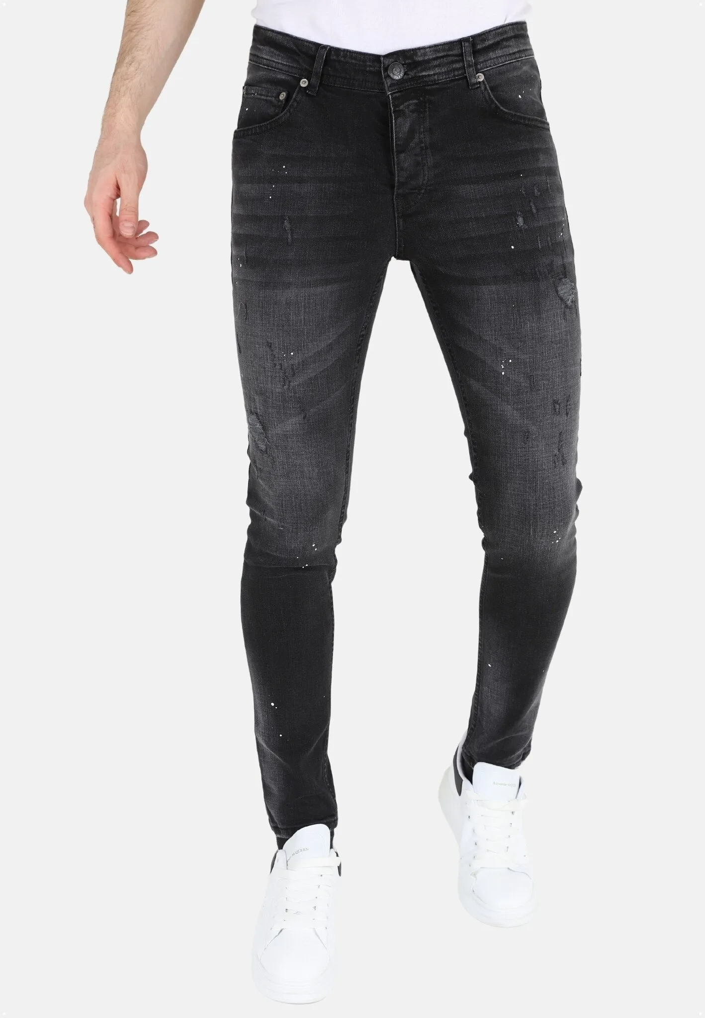  Black Slim Fit Stretch Jeans Men with Holes  |