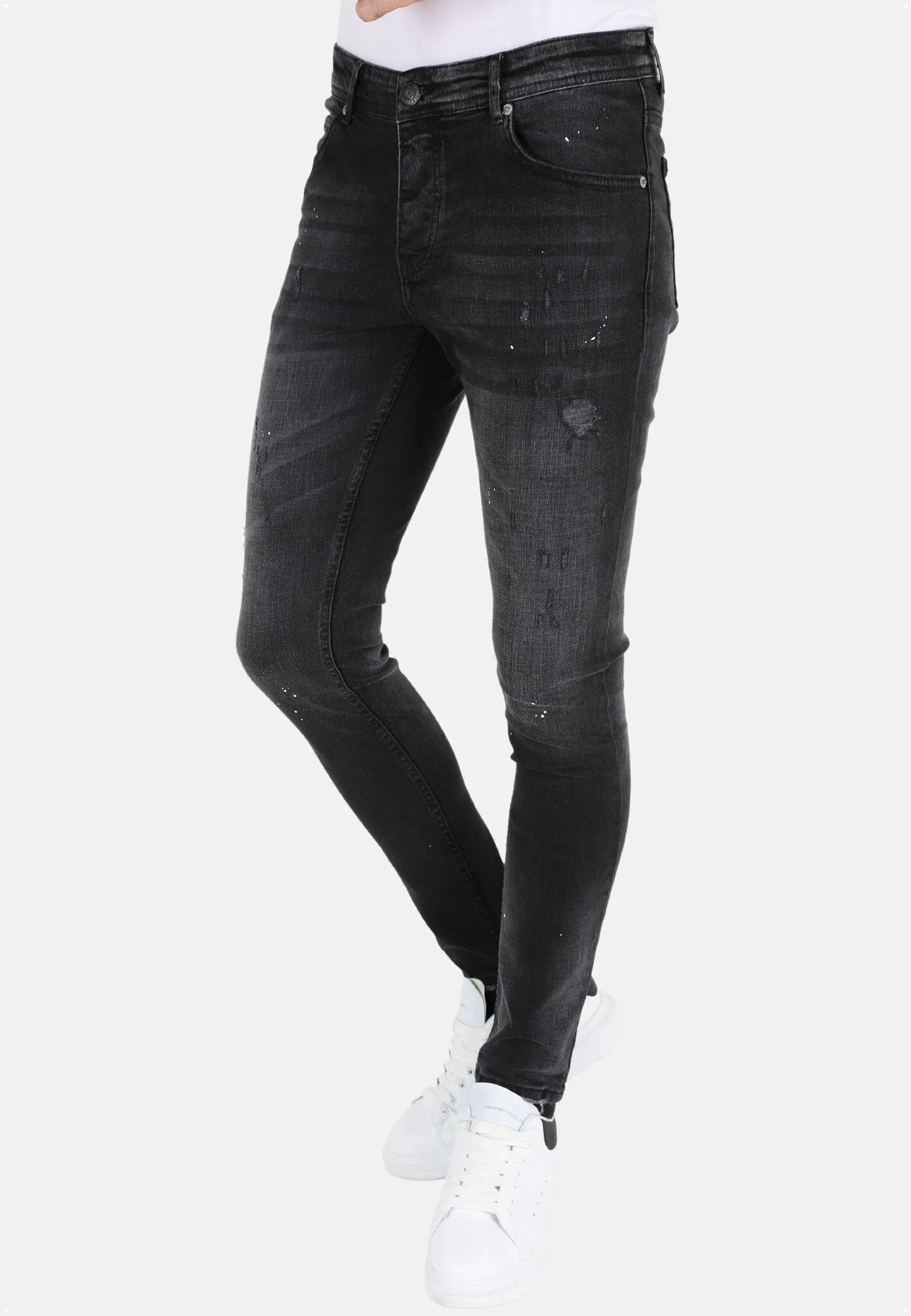  Black Slim Fit Stretch Jeans Men with Holes  |