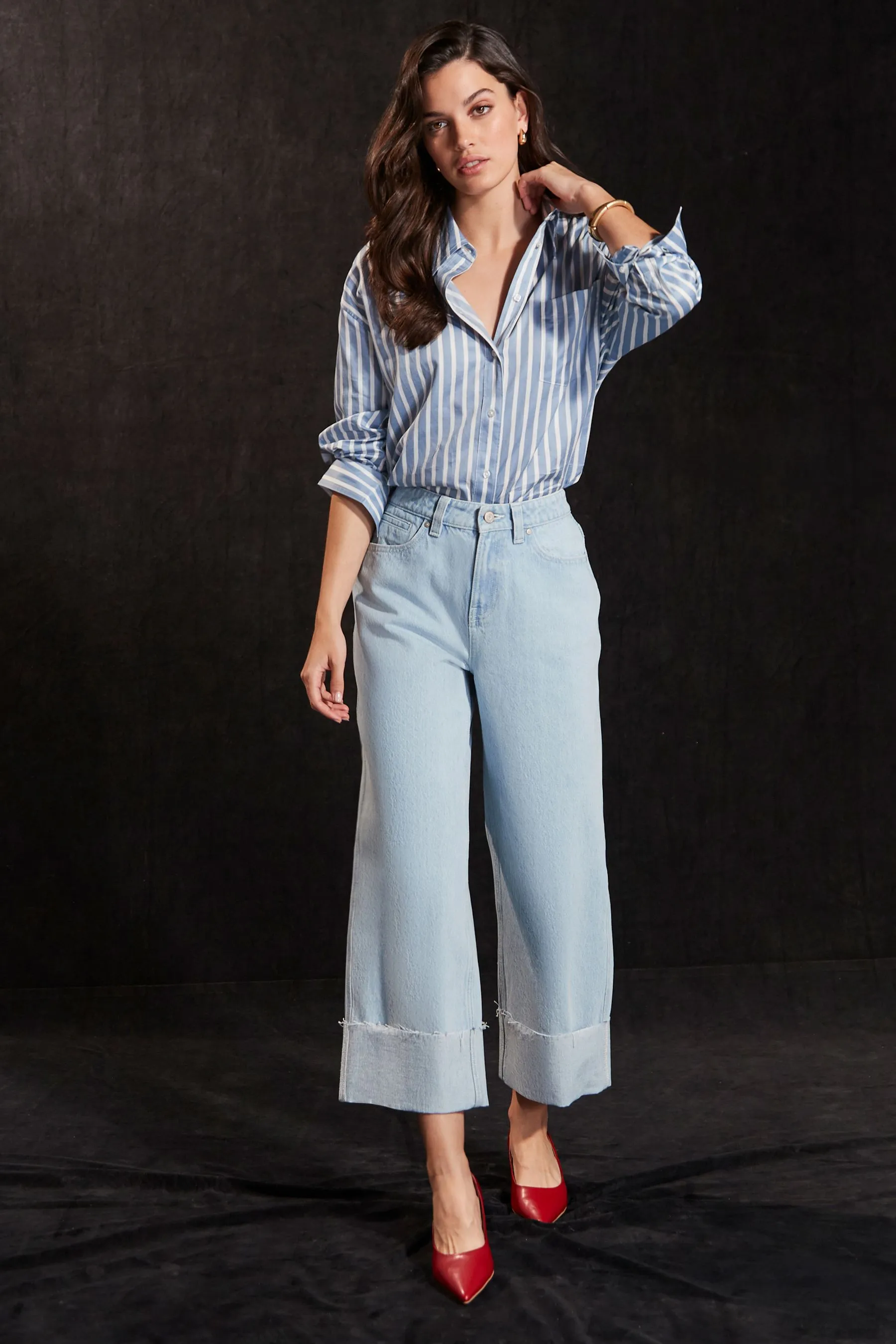 Bleach Blue Cropped Turn Up Wide Leg 100% Cotton Jeans