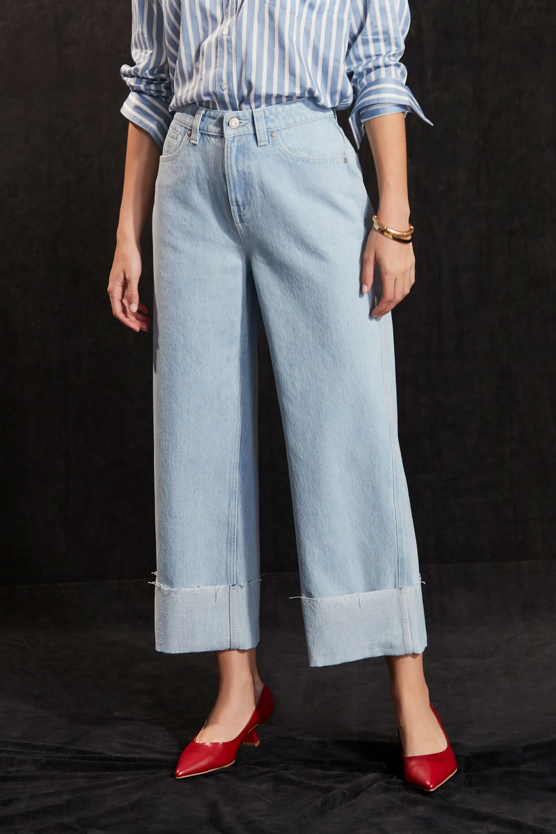 Bleach Blue Cropped Turn Up Wide Leg 100% Cotton Jeans