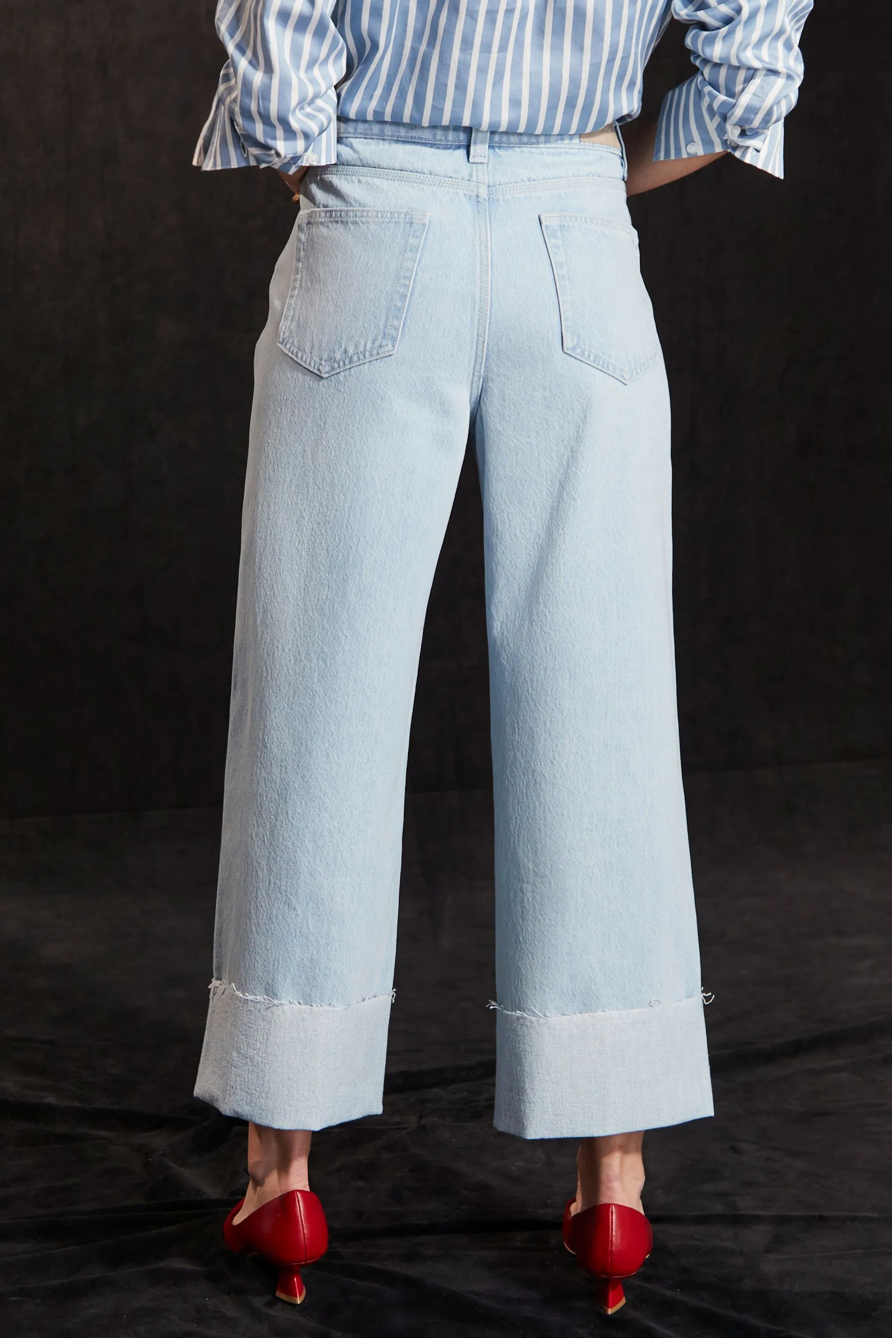 Bleach Blue Cropped Turn Up Wide Leg 100% Cotton Jeans