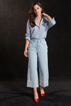 Bleach Blue Cropped Turn Up Wide Leg 100% Cotton Jeans