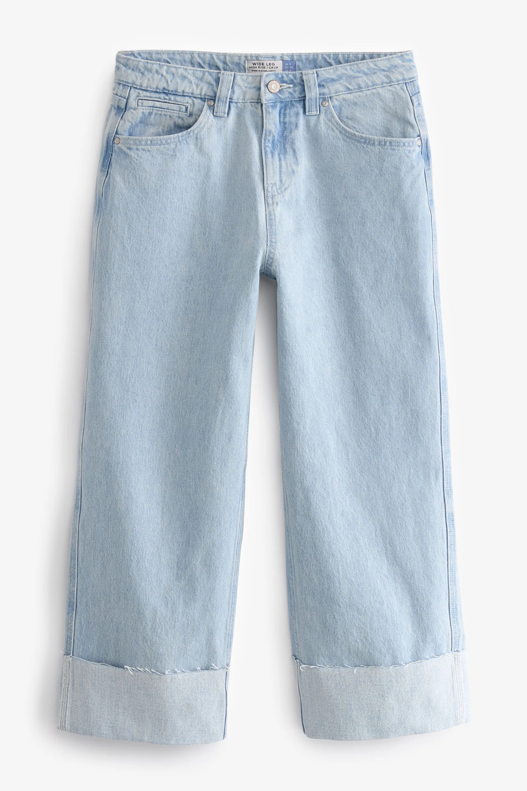 Bleach Blue Cropped Turn Up Wide Leg 100% Cotton Jeans