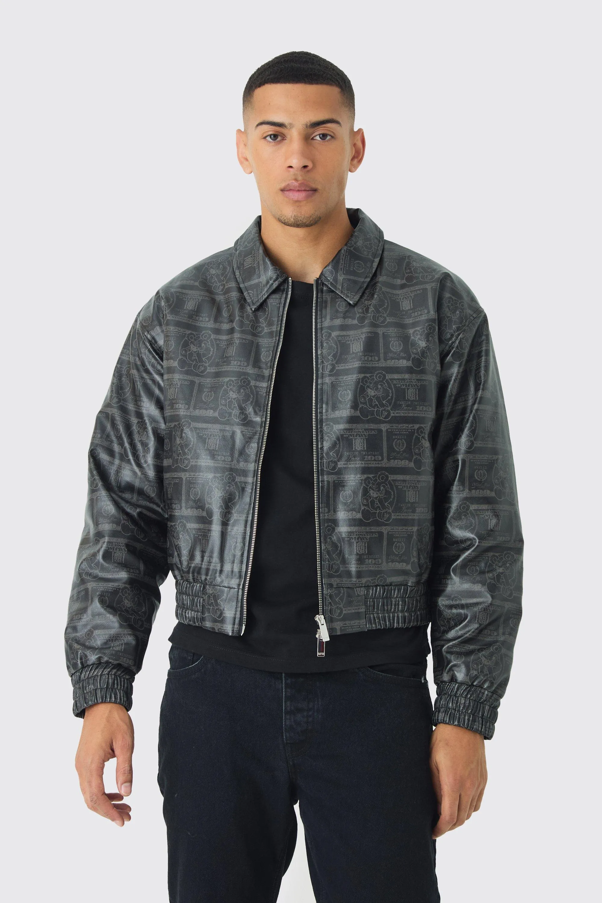 Boxy Dollar Print PU Bomber Jacket In Black