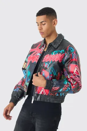 Boxy Homme Stud Detail Printed PU Bomber Jacket In Black