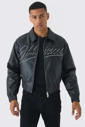 Boxy Official Dice Weave PU Bomber Jacket In Black