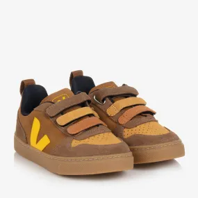 Boys Brown & Yellow Suede Leather V-10 Trainers