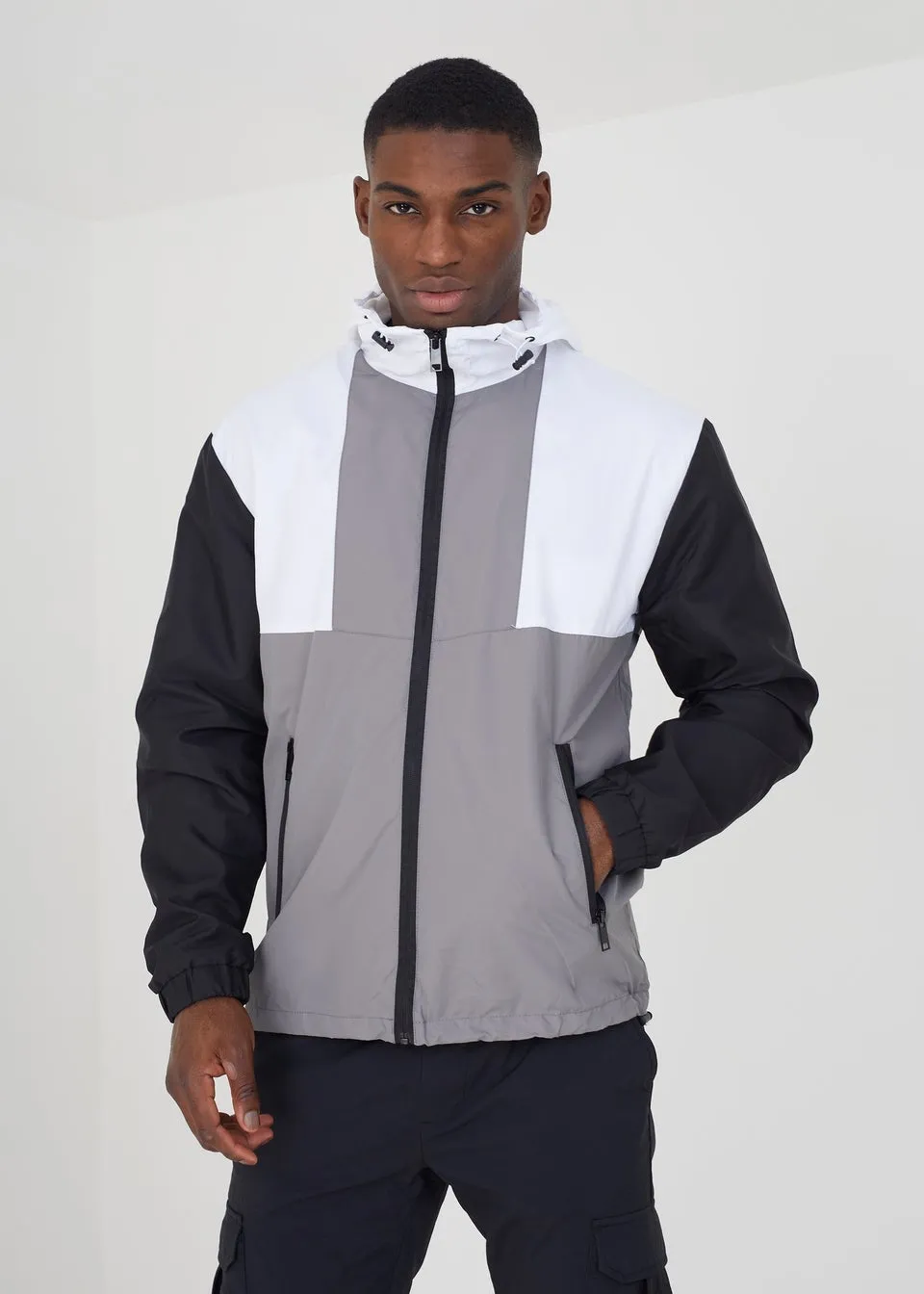 Brave Soul Grey Manson Colourblock Hooded Windrunner Jacket