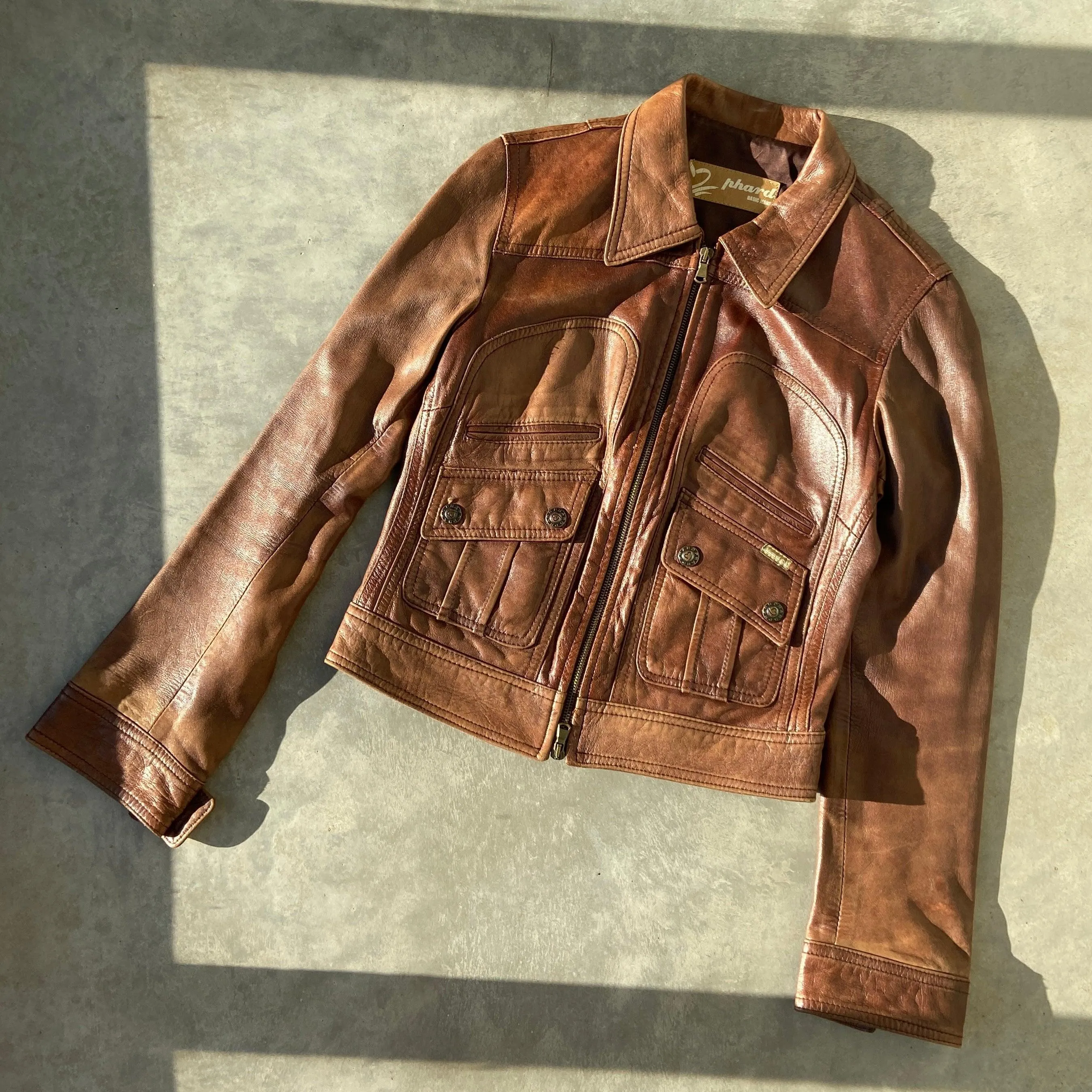 BROWN LEATHER COLLARED JACKET - S