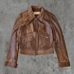 BROWN LEATHER COLLARED JACKET - S