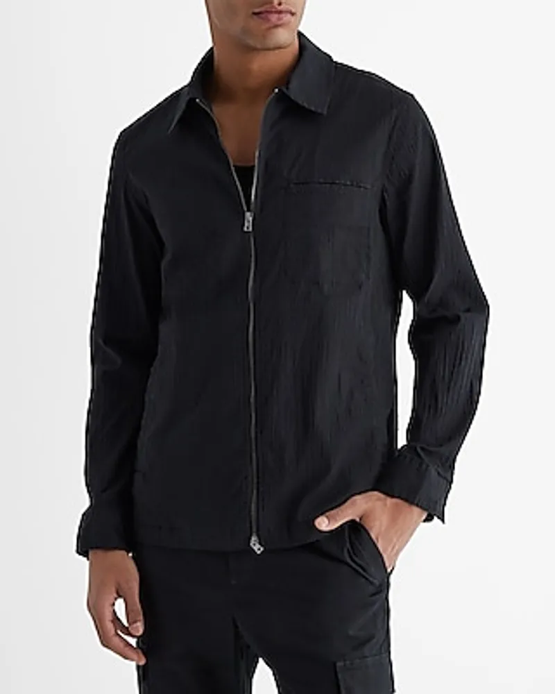 Crinkle Stretch Cotton Zip Shirt Jacket Black Men's Tall