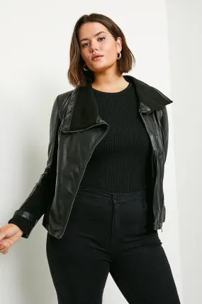 Curve Leather and Knit Envelope Neck Biker Jacket | Karen Millen