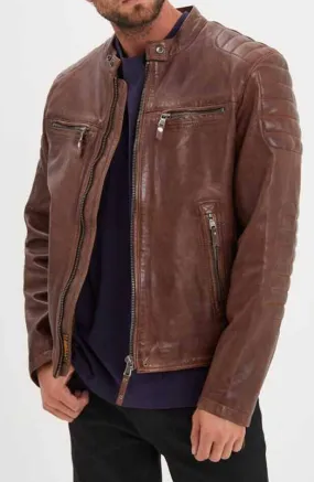 Dark cognac men's leather jacket cruces motorcycle style