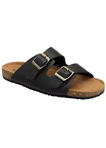 Dunlop Devi Double Strap Leather Black Footbed Sandals | Kaleidoscope