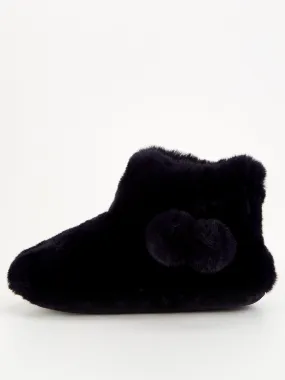 Everyday Two Tone Plush Boot Slipper With Pom Poms