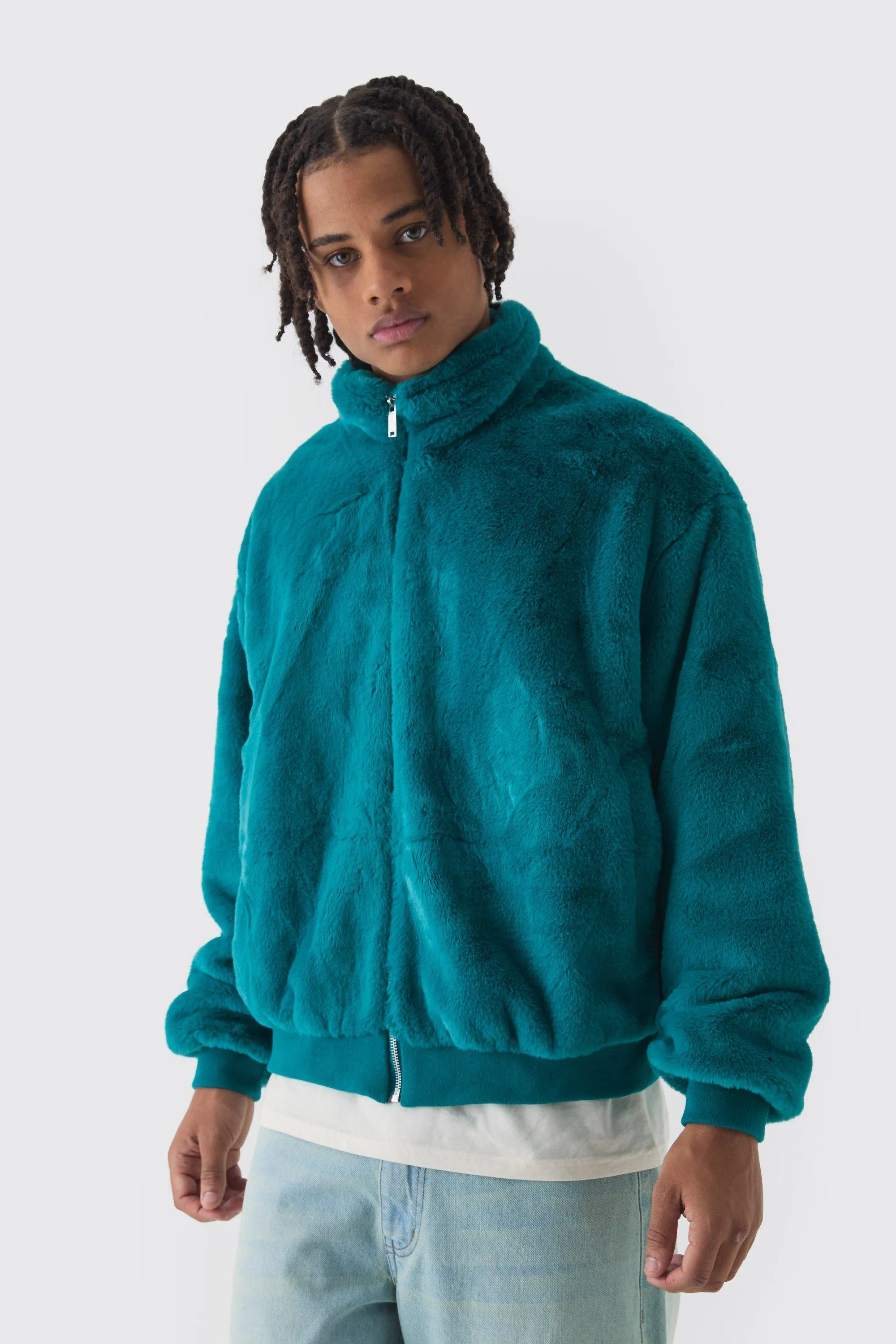 Faux Fur Funnel Neck Bomber Jacket In Teal