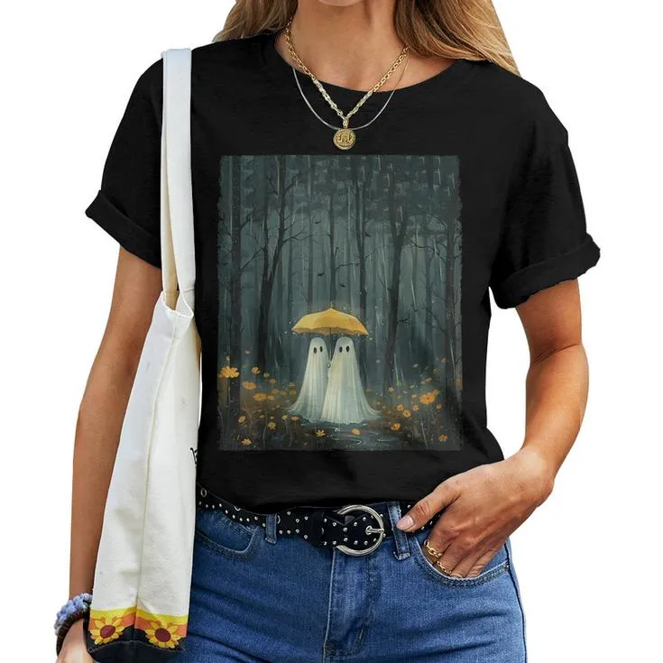 Floral Ghost Holds Umbrella Couple Spooky Season Men Women T-shirt