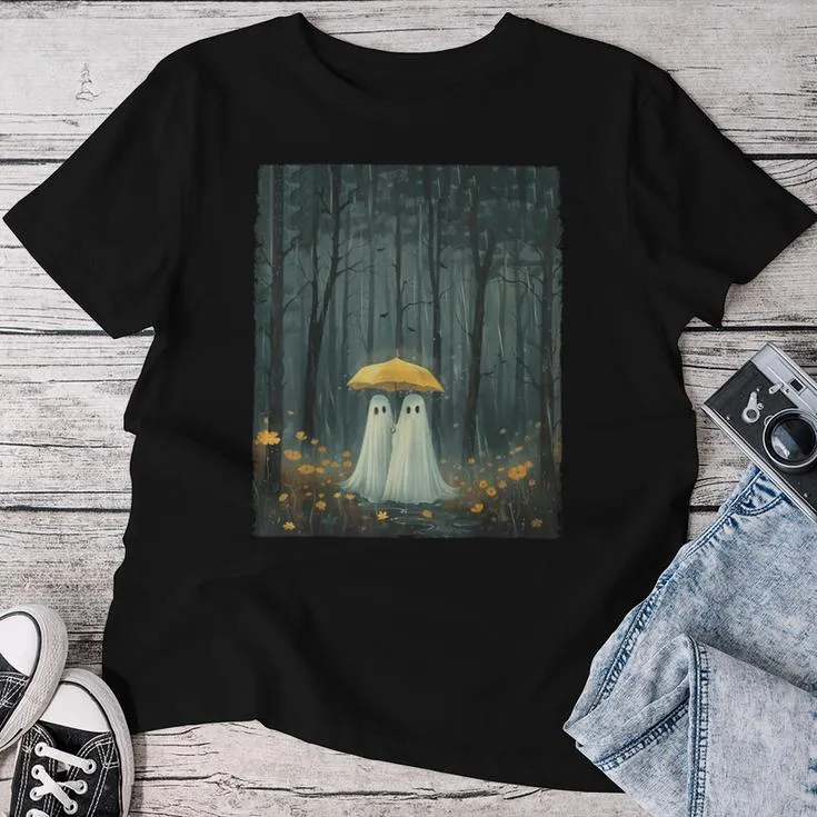 Floral Ghost Holds Umbrella Couple Spooky Season Men Women T-shirt