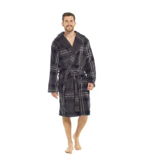 Foxbury mens coral fleece check hooded robe charcoal check Universal Textiles