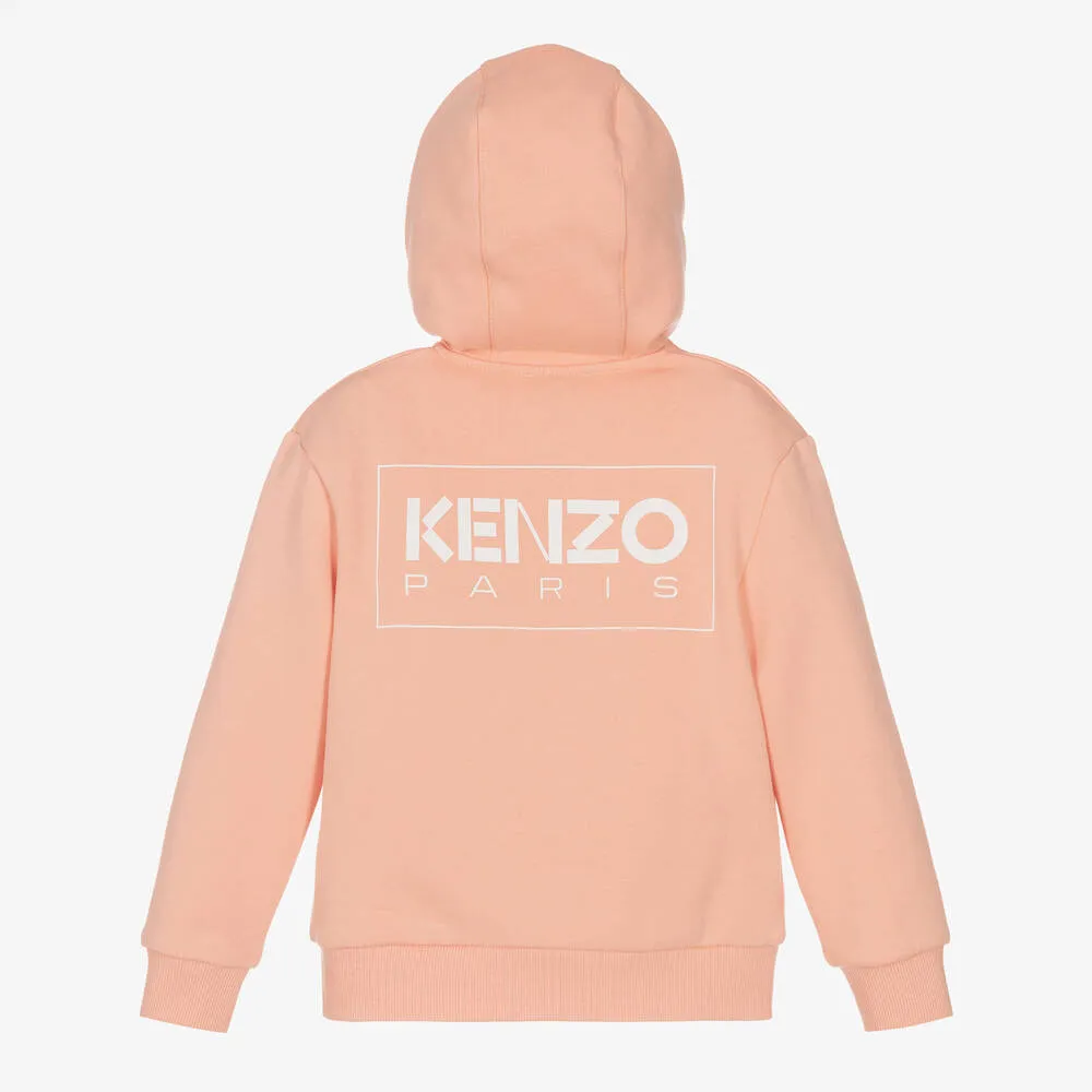 Girls Pink Cotton Hooded Zip-Up Top