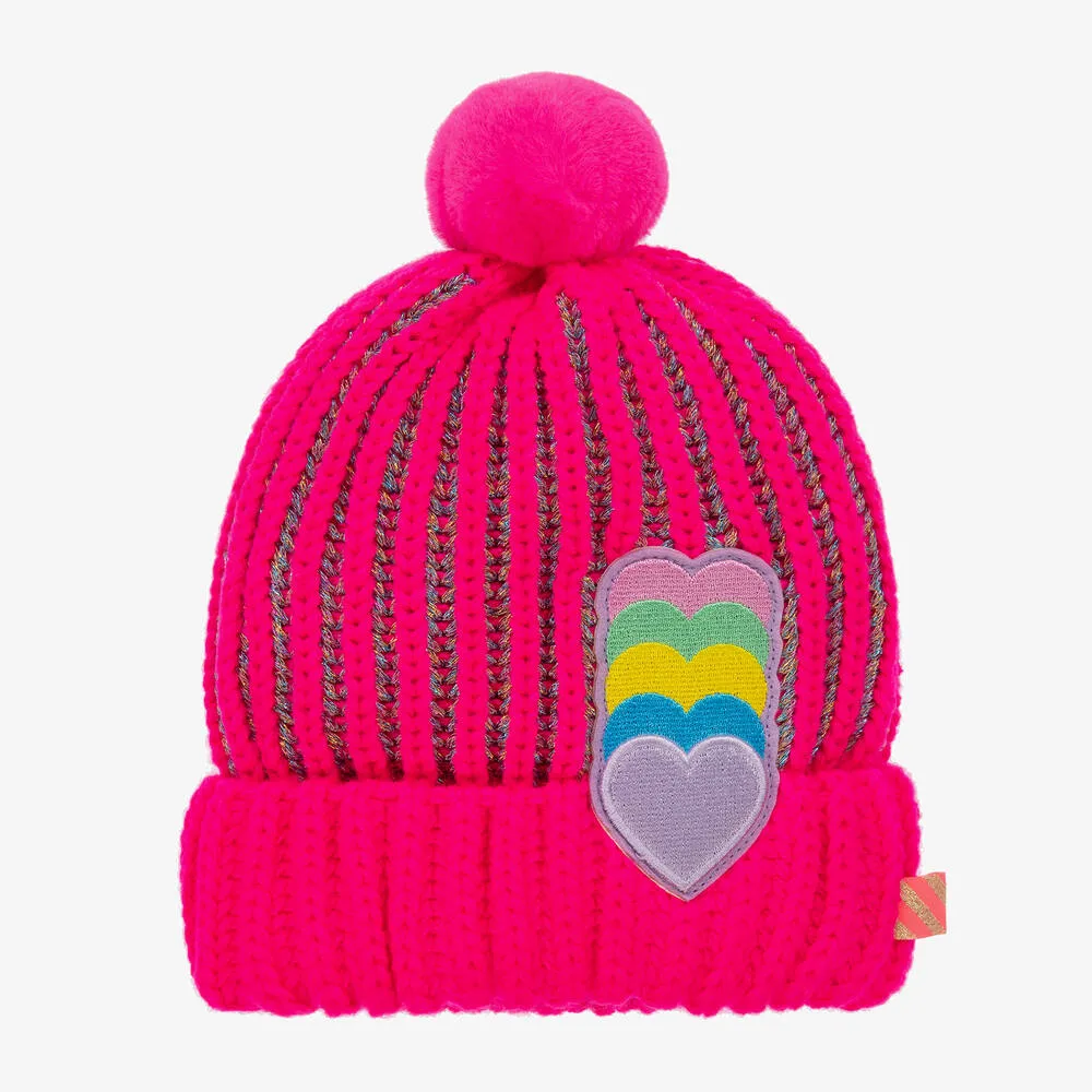 Girls Pink Knitted Heart Pom-Pom Hat