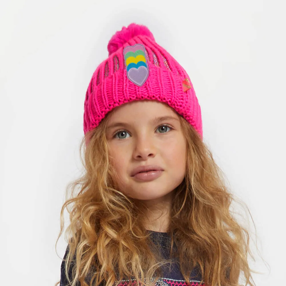 Girls Pink Knitted Heart Pom-Pom Hat