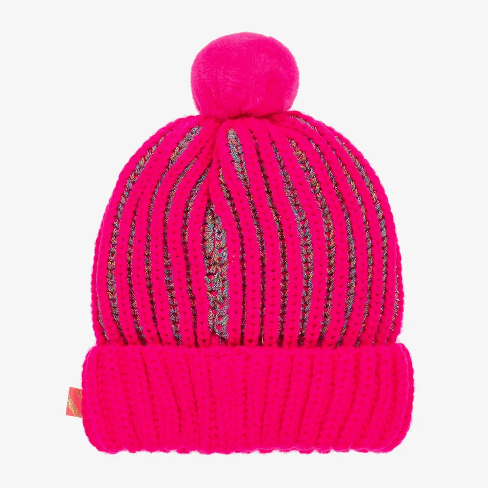 Girls Pink Knitted Heart Pom-Pom Hat