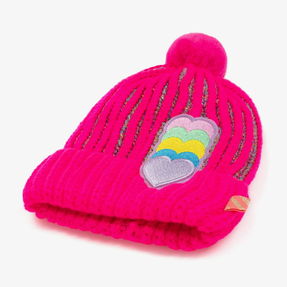 Girls Pink Knitted Heart Pom-Pom Hat