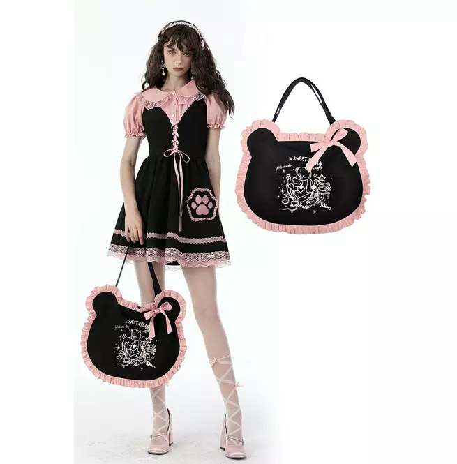 Gothic Little Bear Ear Handbag in Black and Pink