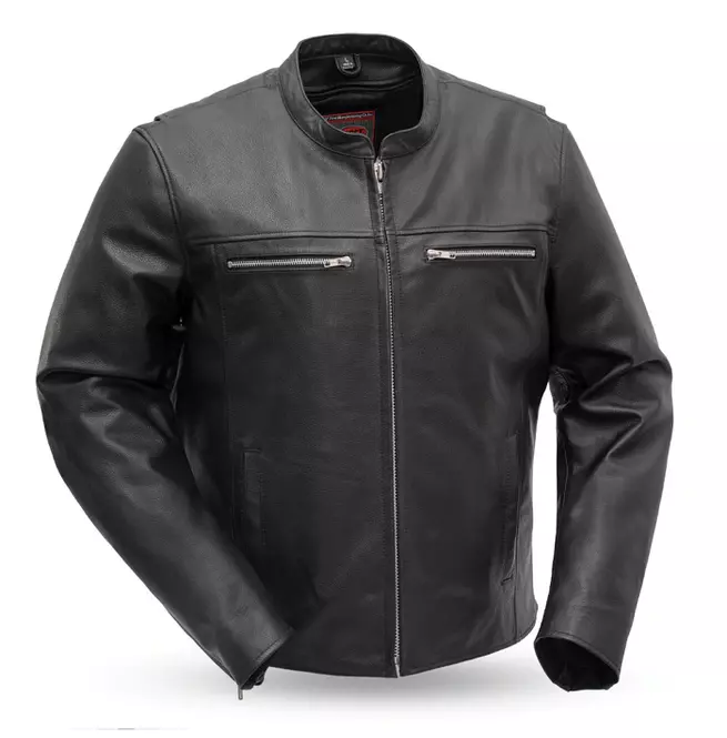 Gothic Men's Scooter Cowhide Leather Jacket With Banded Collar and Center Zipper