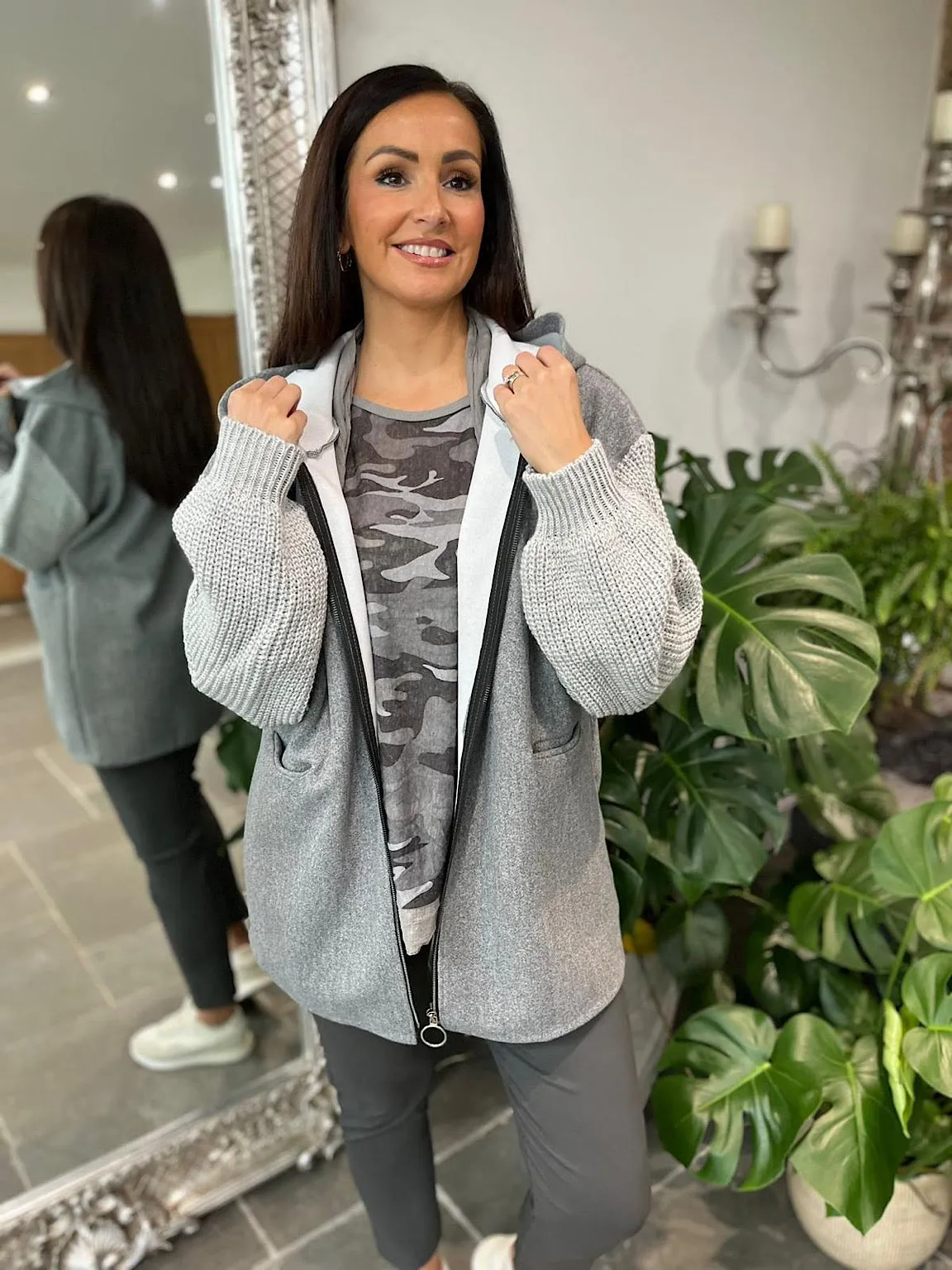 Grey Knitted Sleeve Zip Detail Jacket Georgia