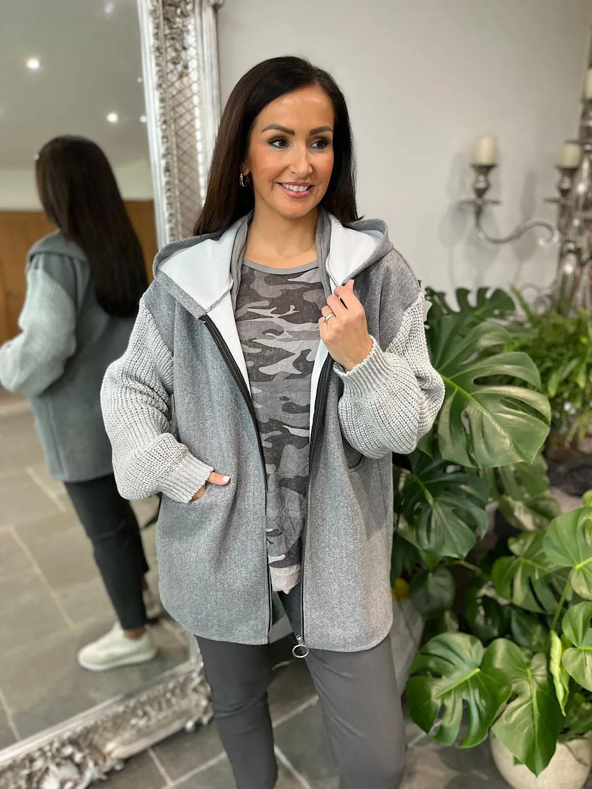 Grey Knitted Sleeve Zip Detail Jacket Georgia