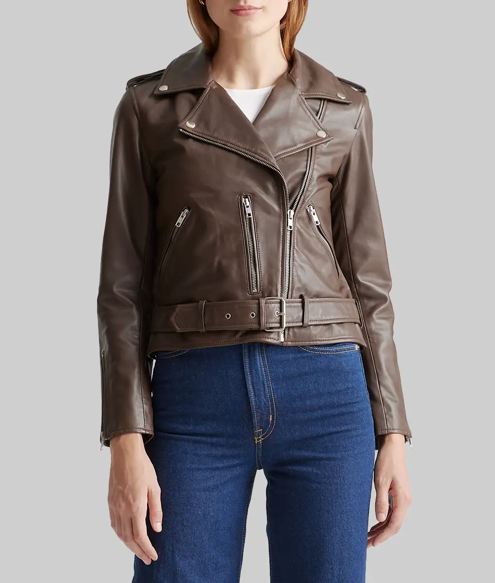 Hailey Bieber Brown Leather Biker Jacket | TLC UK