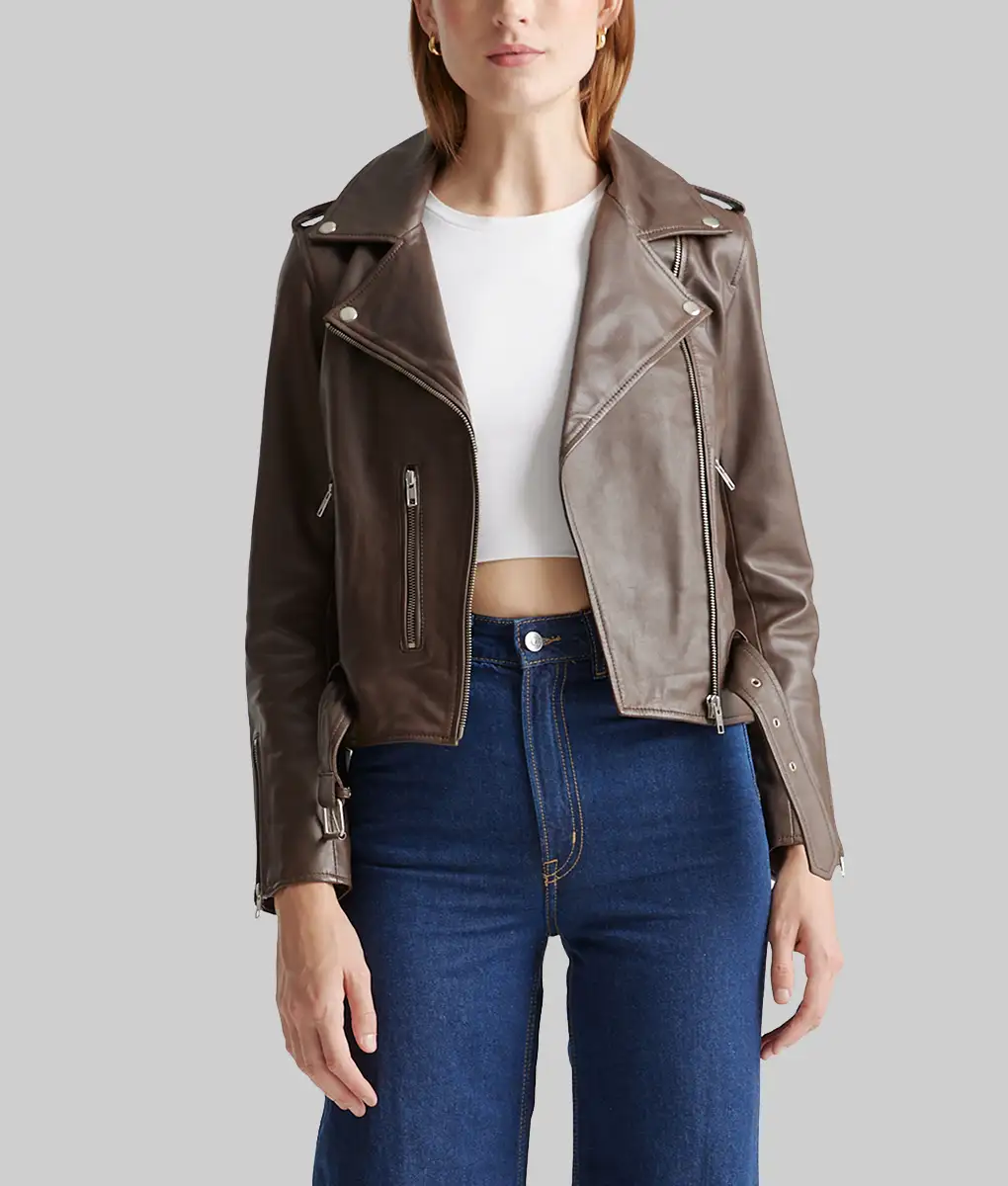 Hailey Bieber Brown Leather Biker Jacket | TLC UK