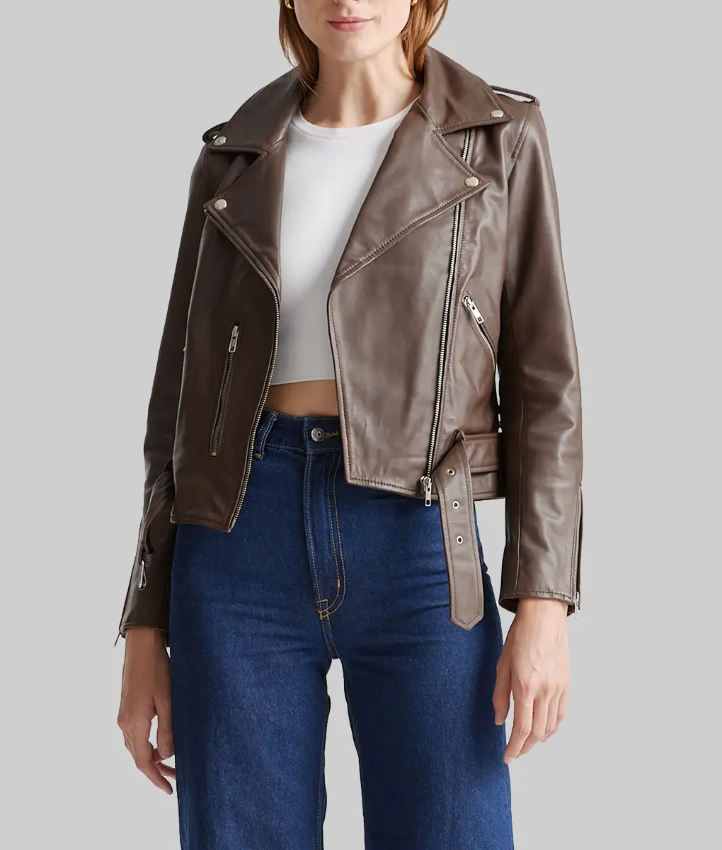 Hailey Bieber Brown Leather Biker Jacket | TLC UK