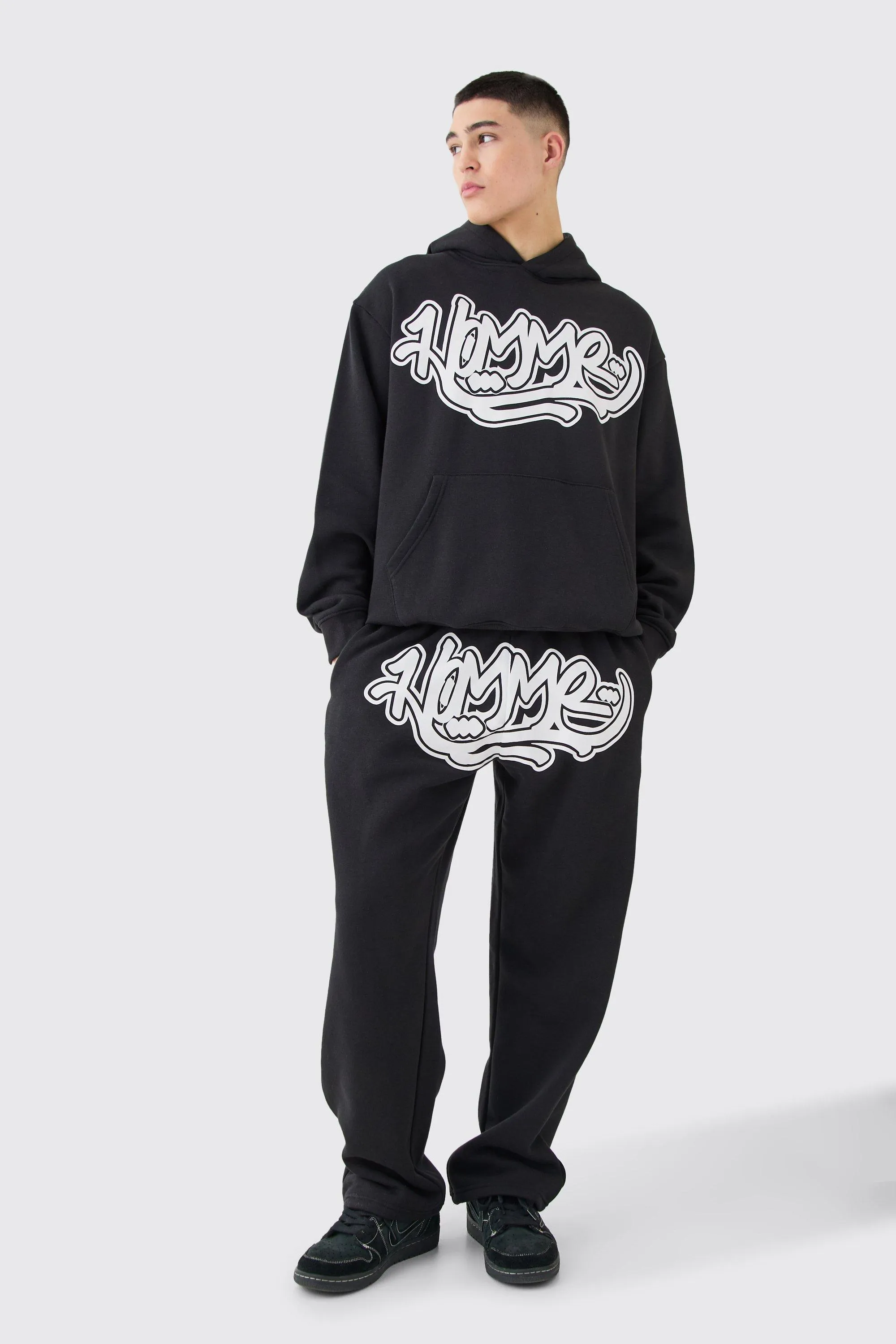 Homme Graffiti Print Oversized Hooded Tracksuit | boohooMAN UK