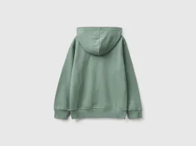 Hoodie with zip and embroidered logo - Light Green | Benetton