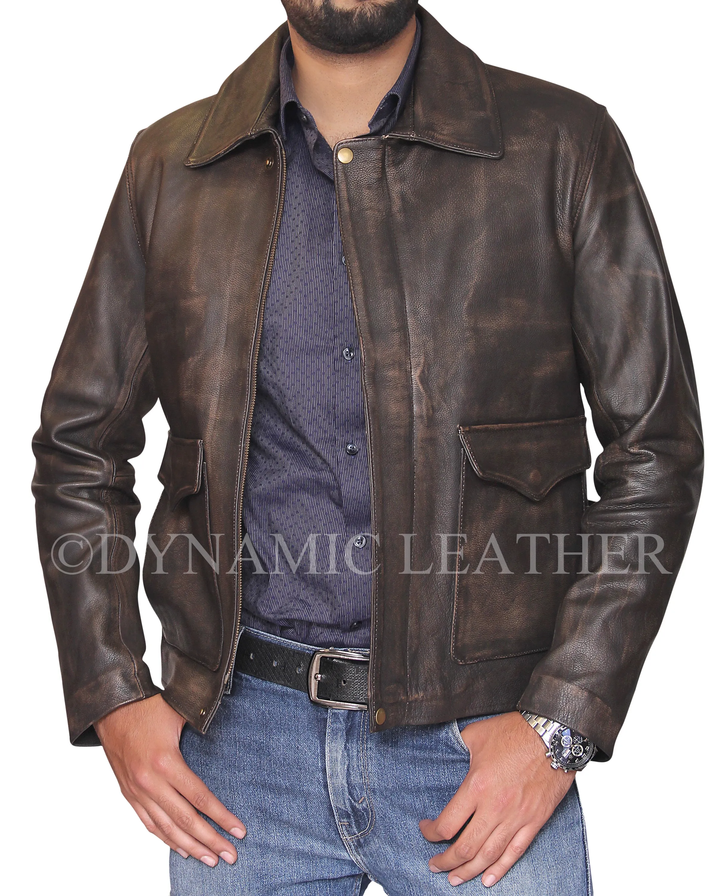 Indiana Jones Distressed Brown Genuine Cow Hide Skin Leather Jacket