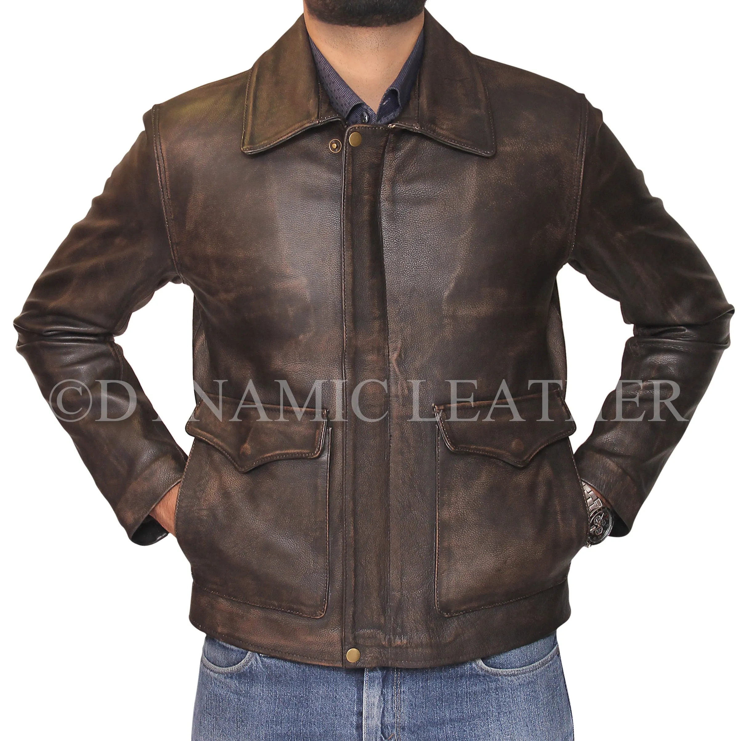 Indiana Jones Distressed Brown Genuine Cow Hide Skin Leather Jacket