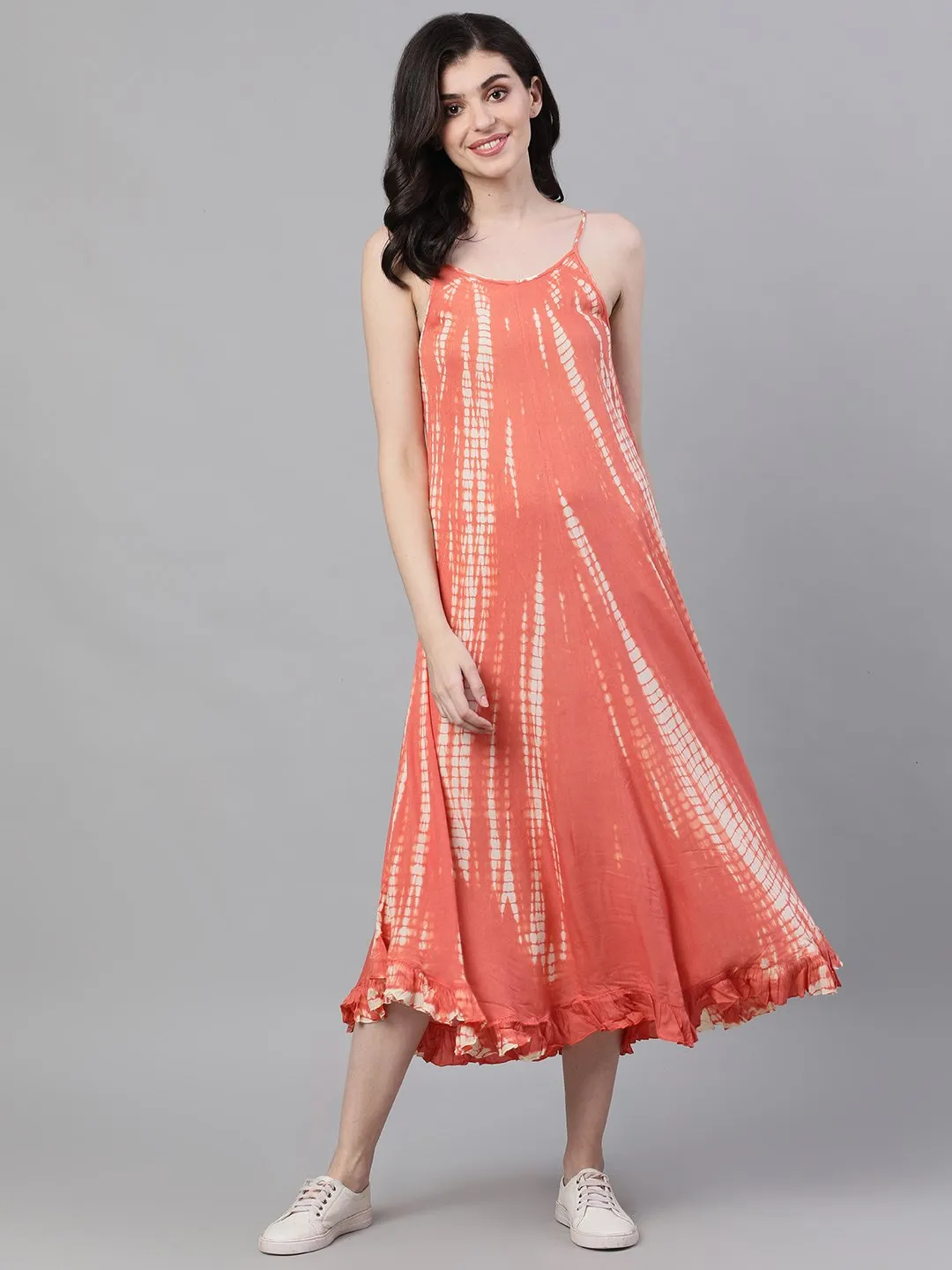 Ishin Women's Rayon Peach Tie & Dye Umbrella Dress