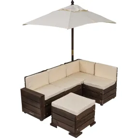 KidKraft Wooden Outdoor Sectional Ottoman & Umbrella Set with Cushions, Kids’ Patio Furniture, Bear Brown & Beige